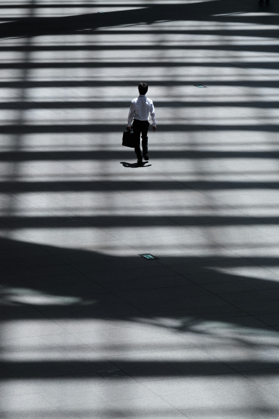 Advisor walking through a corporate atrium